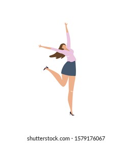 Vector isolated girl character jumping, flying woman,
victory pose people.