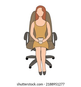 Vector isolated girl with a cup of coffee sits on a chair. Home comfort. Colorful flat illustration.