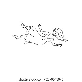 Vector isolated girl falling from a height contour line drawing. Colorless black and white drawn girl flying in a dream