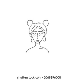 Vector isolated girl head with hairstyle two cones contour line drawing. Colorless black line drawn girl with her eyes closed 