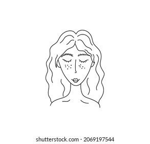 Vector isolated girl head with loose hair hairstyle contour line drawing. Colorless black line drawn girl with her eyes closed 