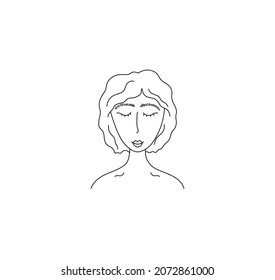 Vector isolated girl head with loose hair bob hairstyle contour line drawing. Colorless black line drawn girl with her eyes closed 
