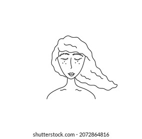 Vector isolated girl head with loose flowing hair hairstyle contour line drawing. Colorless black line drawn girl with her eyes closed 