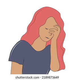 Vector isolated girl holding her head with her hand. Headache. Fatigue. Colorful flat illustration.