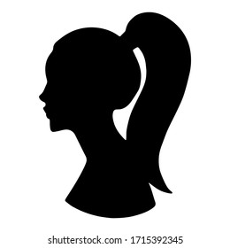 Vector isolated girl's profile - black colour with hairstyle, hair in a ponytail.