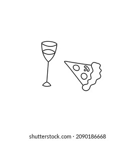 Vector isolated glass of wine and piece of pizza set contour line simple graphic doodle drawing.