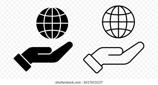 Vector isolated Globe in Hand icon set in black outline and fill