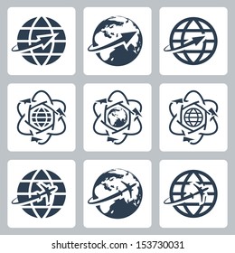 Vector isolated globe with a plane or an arrow icons set