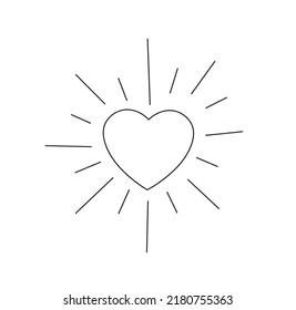 Vector isolated glowing heart with rays colorless black and white contour line drawing