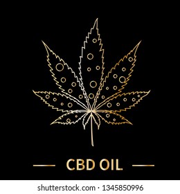 Vector Isolated gold cbd oil badge.  Line modern hemp icon.