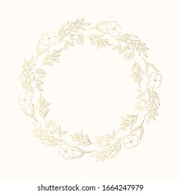 Vector isolated gold rustic frame with flowers. Hand drawn floral branch and herb golden wreath. Flourish wedding border for invitation card.