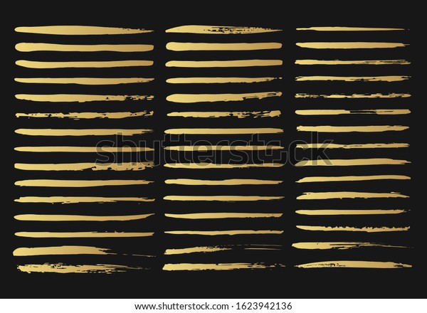 Vector isolated golden brush dividers.\
Distressed separators. Gold paintbrush stencil lines set. Chinese\
rough dirty borders.