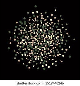 Vector isolated golden confetti splash on black square background. Elegant and Luxury Confetti Splash. Template for holiday designs, invitation, postcard, party, birthday, wedding, solemnity
