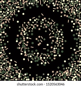 Vector isolated golden confetti splash on black square background. Elegant and Luxury Confetti Splash. Template for holiday designs, invitation, postcard, party, birthday, wedding, solemnity