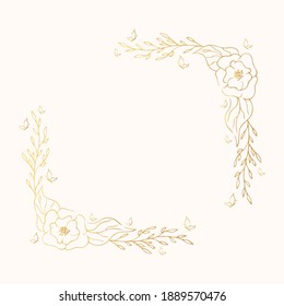 Vector Isolated Golden Elegant Flower Border. Flourish Square Frame. Gold Floral Corner Wreath For Wedding Card.