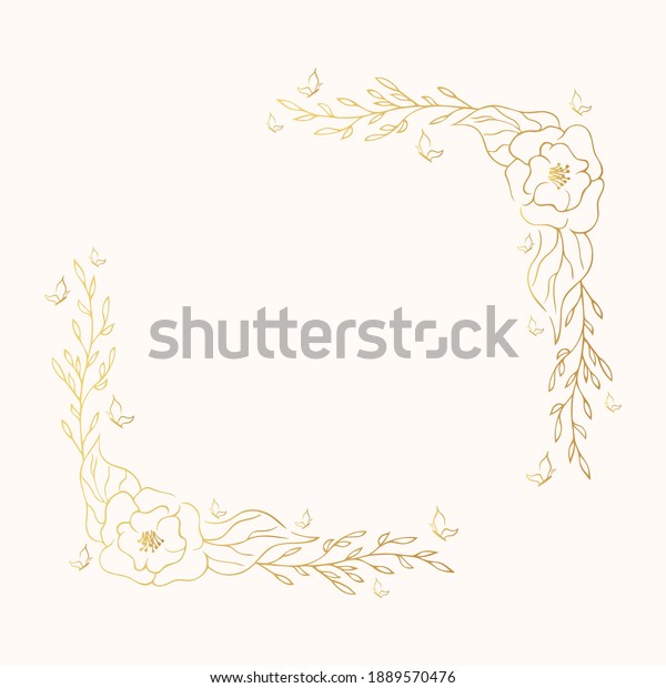 Vector isolated\
golden elegant flower border. Flourish square frame. Gold floral\
corner wreath for wedding\
card.