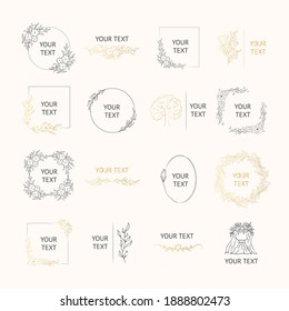 Vector isolated golden elegant foliage wedding badges. Hand drawn gold branding frames with flowers and floral branches for invitation cards.