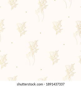 Vector isolated golden elegant foliage wedding seamless pattern. Hands with gold bouquet of flowers and floral branches for invitation card background.	