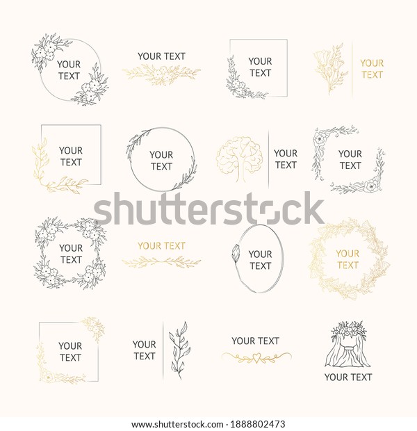 Vector isolated golden elegant foliage wedding\
badges. Hand drawn gold branding frames with flowers and floral\
branches for invitation\
cards.
