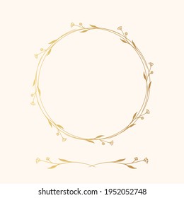 Vector isolated golden elegant leaf border. Flourish frame and divider. Gold floral wreath for wedding card.