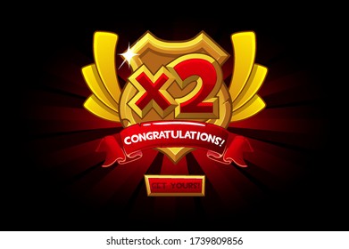 Vector isolated golden shield with number bonus. Cartoon award for the winner and congratulations.