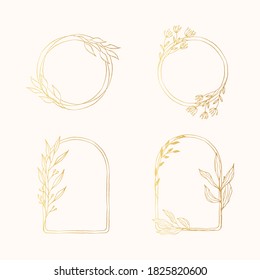 Vektor-isolierte goldene Frühling blüht Kränze Set. Blumenkräuter grenzt. Gold rustikale Zweige Rahmen für Hochzeitskarte und Einladungen.