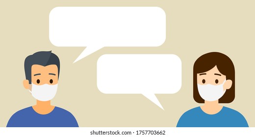 Vector isolated good people are having conversation, people are wearing a medical mask to protect themself from COVID-19, businessmen discuss social network, dialouge speech bubbles, illustration
