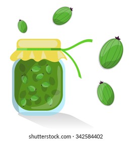 Vector isolated gooseberry jam in jar and gooseberries. Fruit jam. Homemade food. Sweet jam. Glass bottle with cap. Flat style vector illustration isolated on white background.