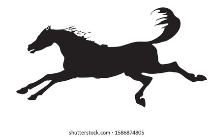 vector isolated graphic black silhouette on white background, the horse gallops fast