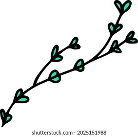 Vector isolated green branch with leaves heart shape. Decoration stem. Botanical element