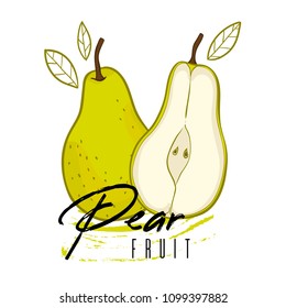 Vector isolated green pear with a cut with text on a white background. Hand drawn illustration.