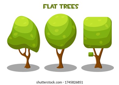 Vector isolated green trees in flat style. Illustration of tree collections in the park.