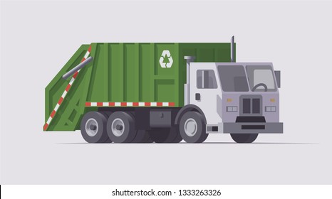 Vector isolated green utility rear loader garbage truck