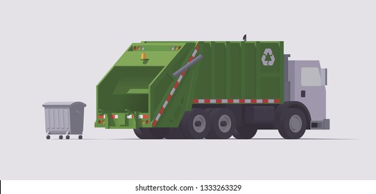 Vector isolated green utility  rear loader garbage truck with garbage container