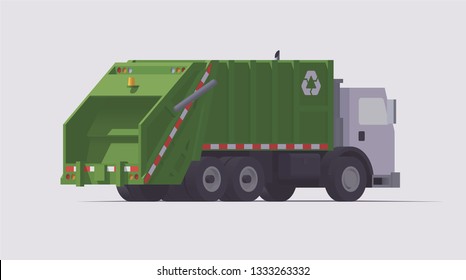 Vector isolated green utility rear loader garbage truck