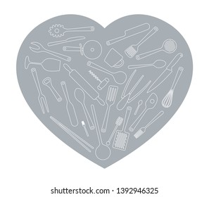 Vector isolated grey heart with line icon set kitchen utensils tools. Isolated on white background.