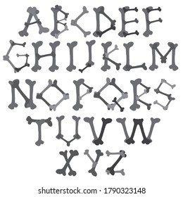 Vector isolated grey set of cartoon letters made of bones English alphabet on white background. Perfect for books, posters, stickers, decorations, stationary, notebooks.