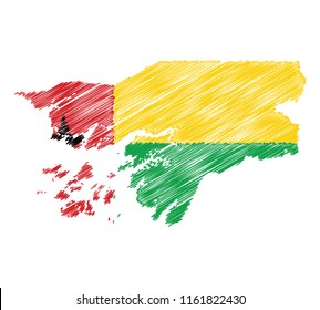 Vector of isolated Guin Bissau map with the flag. Engraving style hatching pen pencil painting illustration concept.