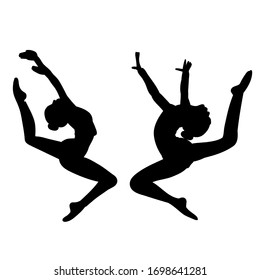 vector, isolated, gymnast girls black silhouette jump