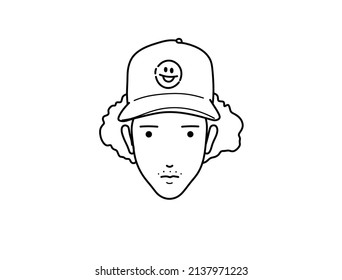 Vector isolated hairy guy in a baseball cap head colorless black and white contour line doodle drawing