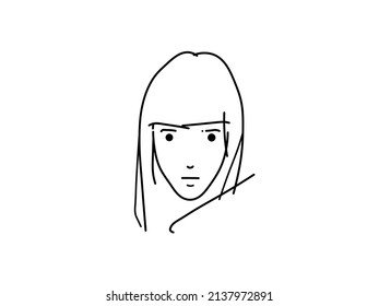 Vector isolated hairy guy with long straight hair head colorless black and white contour line doodle drawing