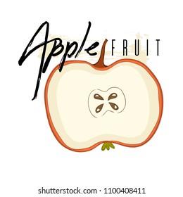 Vector isolated half apple with a cut with text on a white background. Hand drawn illustration.