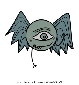 vector isolated Halloween illustration green eye monster with wings on white background.Smiling and funny cartoon character