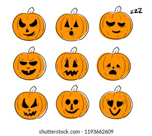 Vector isolated halloween pumpkin set with different emotions