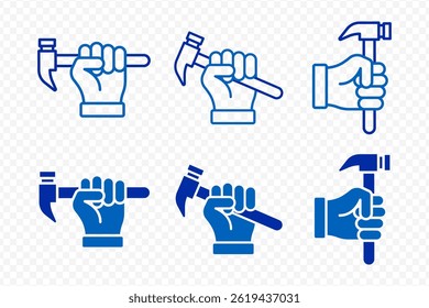 Vector isolated Hammer in Hand icon set in blue outline and fill