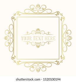 Vector isolated hand drawn antique decor for label design. Golden vintage filigree wedding frame. Gold ornate elegant border for invitation card. 