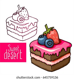 Vector isolated  hand drawn berry sweet dessert. Piece of cake with blueberries, strawberrie, cream.