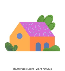 Vector isolated hand drawn cartoon house,hills and trees.Countryside buiding in the spring or summer.Green eco town design concept for banners,real estate,prints,smm,advertising,branding,packaging.	
