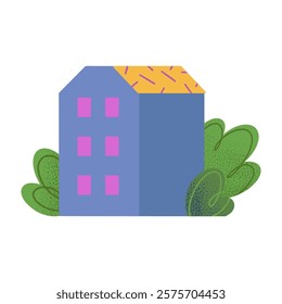 Vector isolated hand drawn cartoon house,hills and trees.Countryside buiding in the spring or summer.Green eco town design concept for banners,real estate,prints,smm,advertising,branding,packaging.	

