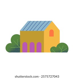 Vector isolated hand drawn cartoon house,hills and trees.Countryside buiding in the spring or summer.Green eco town design concept for banners,real estate,prints,social media,advertising,branding.	